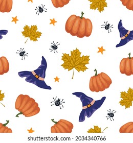 Ripe pumpkin, purple witch's hat, spider, stars, maple leaves on a white background. Seamless autumn Halloween pattern. Suitable for packaging paper, wallpaper, textile.