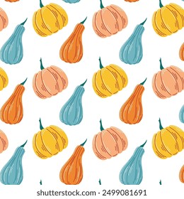 Ripe pumpkin seamless pattern in flat style. Autumn vegetable design for Halloween, food store. Vector illustration on a white background.