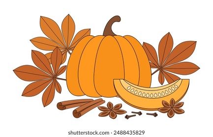 Ripe pumpkin with a slice of pumpkin and spices, decorated with autumn foliage. Pumpkin spice vector illustration on white background, decorative design element for banner, card, packaging.