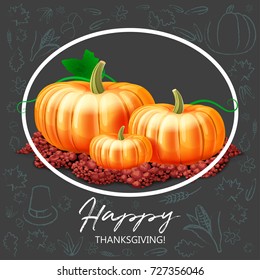 Ripe pumpkin vegetables at soil on a dark background with graphic images. Vector illustration.