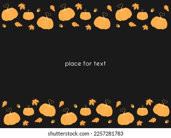 Reife Kürbisse, Eichhörnchen, Ahorn und Eichenblätter. Herbstgemüse und Blattwerk. Schwarzer Hintergrund mit horizontalen Rändern und Platz für Text. Vektordesign-Vorlage für Banner, Signaturen, Verpackungen, Flyer