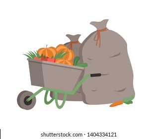 Ripe pumpkins in carriage vector, wheelbarrow with harvested products in bags isolated carrots. Veggies and food, old fashioned way of transportation