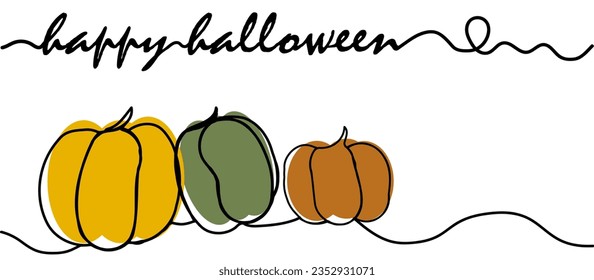 Calabazas maduras de diferentes colores en estilo de arte en línea, banner con espacio de copia sobre fondo blanco, concepto de halloween feliz, cosecha de otoño, halloween. Diseño de anuncios, volantes, invitaciones