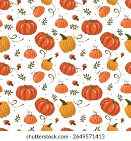 Ripe pumpkins. Fabric pattern. Autumn warm illustration, autumn, harvest, colorful leaves.