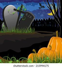 Ripe pumpkins near the graves in the cemetery. Halloween night scene