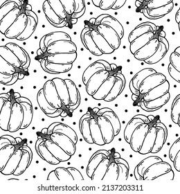 Ripe pumpkins, polka dots seamless vector pattern. Hand drawn illustration on white background. Autumn harvest sketch, garden vegetable outline. Backdrop for Halloween, fall festival 
