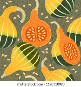 Ripe pumpkins seamless pattern. Harvest of decorative pumpkins. Whole and cut pumpkins. Shabby style. Original simple flat illustration. Halloween background.