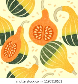 Ripe pumpkins seamless pattern. Harvest of decorative pumpkins. Whole and cut pumpkins. Shabby style. Original simple flat illustration. Halloween background.