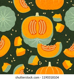 Ripe pumpkins seamless pattern. Harvest of decorative pumpkins. Whole and cut pumpkins. Shabby style. Original simple flat illustration. Halloween background.