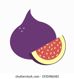 Limpiar higos morados con una rebanada. Icono aislado del vector sobre fondo blanco. Deliciosa fruta de verano elaborada en forma plana. Alimentos naturales saludables.