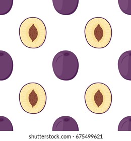 Ripe purple plum seamless pattern. Made in cartoon flat style. Organic fruit. Vector illustration