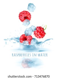 Ripe raspberries and ice cubes falling to water. Vector illustration.