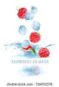 Ripe raspberries and ice cubes falling to water. Vector illustration.