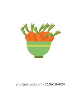 Ripe raw carrot with green halm leaves in ceramic pot icon. Orange healthy food, vegetable full of vitamins. Fresh nutritions source dieting and healthy life style symbol. Vector illustration isolated