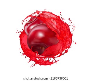 Ripe raw cherry with juice splash. Vitamin juice swirl or whirl with splatters or juicy cherry drink realistic vector spill flow. Isolated fresh summer berry beverage splash with falling droplets