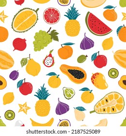 Ripe raw fruits seamless pattern background of vector orange, pineapple and papaya. Tropical exotic fruits mango, durian and feijoa with lemon citrus, watermelon, banana, apricot and kiwi pattern