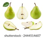 Ripe raw realistic green pear fruit. Whole and half, quarter and slice isolated pear with black seeds and leaf. Vector 3d juicy slices of organic fruity food, farm garden and orchard tree fruit set