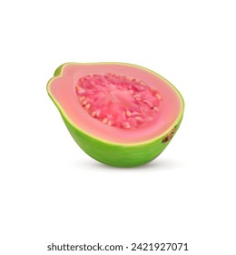 Ripe raw realistic guava fruit half, isolated tropical guava. 3d vector fruit with a fragrant aroma and sweet, juicy flesh. Its vibrant green skin conceals pink pulp containing numerous small seeds