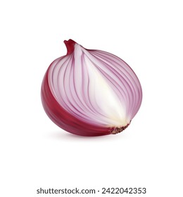 Ripe raw realistic red onion vegetable half, isolated veggie. 3d vector pungent halved slice of purple bulb with visible layers, releases a sharp aroma. Ingredient for culinary with crisp texture