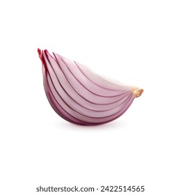 Ripe raw realistic red onion vegetable slice, isolated veggie 3d vector peeled quarter. Fresh, crisp, and pungent veg add a zesty crunch to meals, elevating flavors with bold, unmistakable aroma