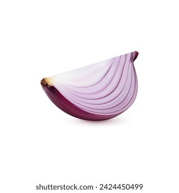 Ripe raw realistic red onion vegetable slice. Isolated veggie 3d vector quarter part with pungent aroma, reveals layers. Bulb segment with sharp, crisp texture, flavorful addition to culinary dishes