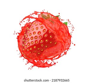 Ripe raw strawberry with juice splash. Fresh drink spill or swirl with bubbles, juicy beverage realistic vector whirl or splash. Isolated summer drink with strawberry juice splash falling ripples