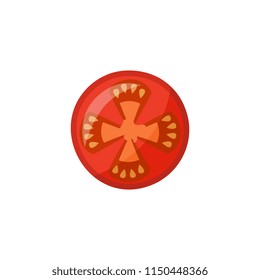 Ripe raw tomato slice icon. Red healthy food, vegetable full of vitamins. Fresh nutritions source, dieting and healthy life style symbol. Vector flat illustration isolated
