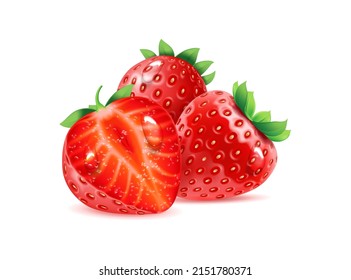 Ripe realistic strawberry composition, isolated whole berry and cut in half fruit with drops of water. Vector flat cartoon tasty and organic product composition, washed juicy sweet dessert