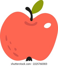 Ripe red apple. Cartoon fruit icon for fun kids design. Hand drawn childish healthy vegetarian food for little vegans. Kitchen summer clip art. Picture autumn ripe farm harvest. Flat vector for baby.