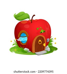 Ripe red apple cartoon house building or dwelling, fairy tale elf home, isolated vector. Gnome house or elf hut in apple with garden, door lamp and window, kid fairytale fantasy shelter