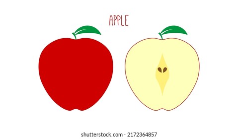 Maneja roja madura con núcleo y hoja afuera y corte aislado en blanco. Icono de fruta de color. Ilustración vectorial.