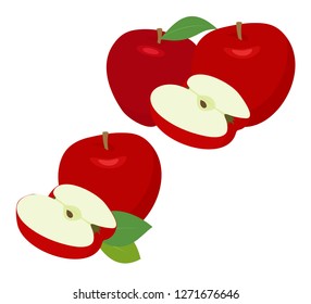 Ripe red apple fruit with apple half and apple leaf isolated on white background. Apples and leaf with vector illustration