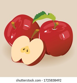 Ripe red apple fruit with apple half and green apple leaf. Apples and leaf vector illustration.