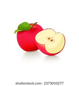 Ripe red apple fruit with apple half and green leaf isolated on white background.