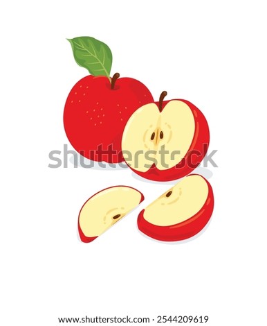 Ripe red apple fruit with apple half and green apple leaf isolated on white background. stock illustration