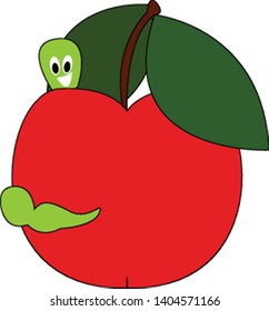 Una manzana roja madura con una hoja y un gusano verde colgando sobre, vector, dibujo de color o ilustración. 