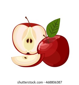 Ripe red apple with leaf and slice vector. Set of red apple fruits with cut and green leaves. Vector sweet nature green and red apple fruit fresh juicy organic food. Red apple with leaf and slice.