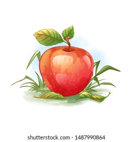 A ripe red apple lies in the green grass. Fallen autumn leaves. Vector cartoon composition.