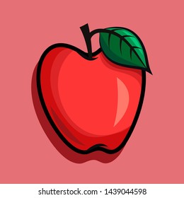 Ripe red apple on branch with green leaf. flat illustration on pink background