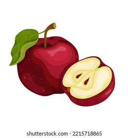 Ripe red apple with a piece of healthy fruit.Cartoon vector graphic.