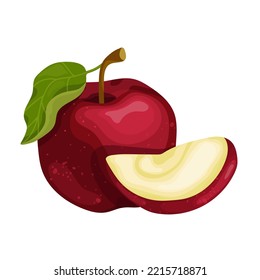 Ripe red apple with a piece of healthy fruit.Cartoon vector graphic.