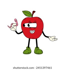 Ripe red apple with a worm. Funny cartoon retro character in flat style. Groovy character.