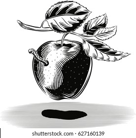 Ripe red apple with a worm, and some leaves.