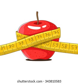 Ripe red apple and yellow measuring tape. Vector illustration on a white background, painted by hand.