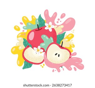 Ripe red apples, apple slices, leaves, and delicate white flowers are surrounded by splashes of yellow and pink apple juice, creating a vibrant and refreshing scene