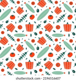 Ripe red bell pepper, tomatoes, cucumbers and arugula, organic vegetables seamless pattern. Healthy food, vegetarian salad mix. Bio veggies for restaurant menu, prints, textiles and fabric design.