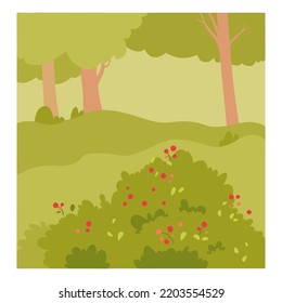 Ripe red berries growing on green summer shrub in forest or garden vector illustration. Cartoon cute natural landscape scene with foliage of plants, bush with sweet raspberry fruit on branches