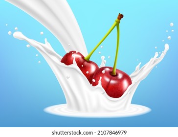 Ripe red cherries fruits falling into the milky or yogurt splashes. Realistic 3d Vector illustration