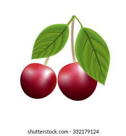 Ripe red cherries with leaves on a transparent background. Vector illustration.