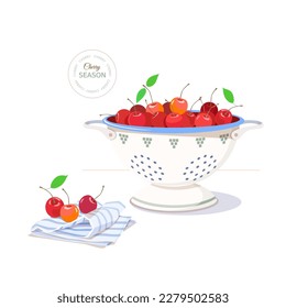 Ripe red cherries in metal enameled colander, handful of cherries on striped linen towel. Printed text of cherry season. Cute vector garden illustration of harvest at country house. 